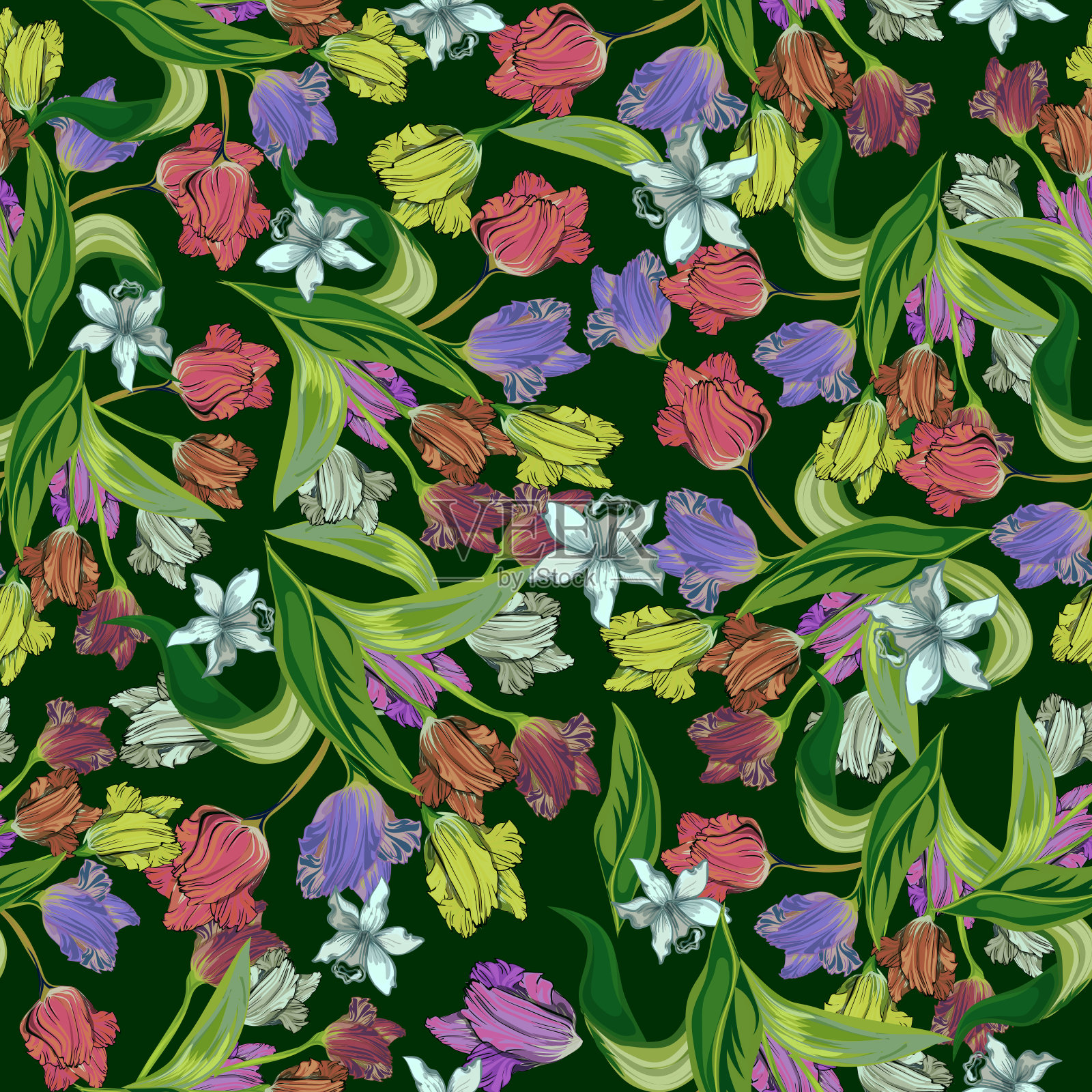 无缝花卉图案与郁金香插画图片素材