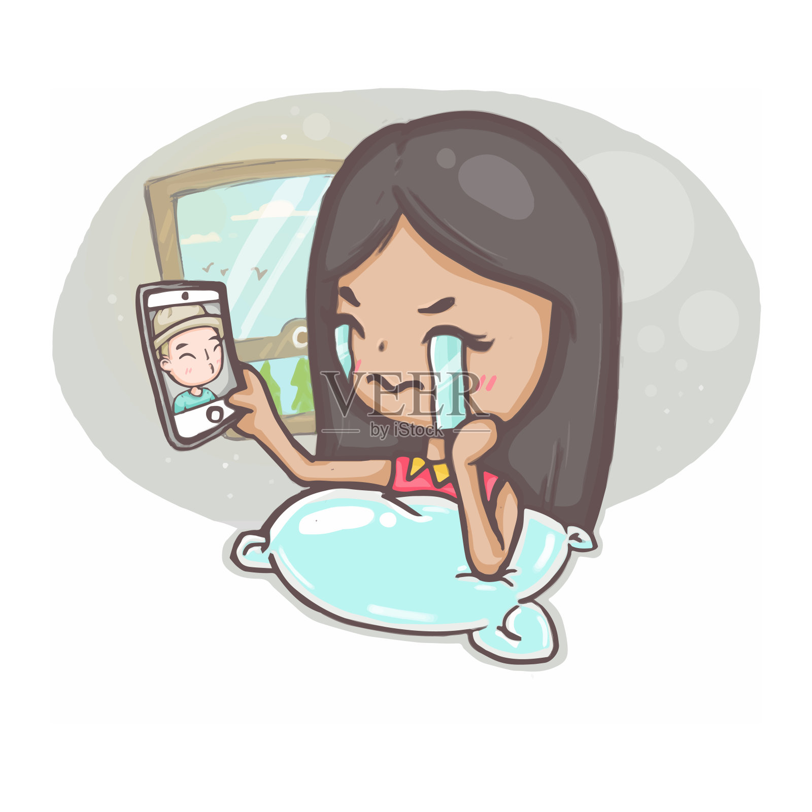 可爱的夫妇时刻，一个女孩失踪和哭泣，而vdo打电话与一个男孩，因为长途插画图片素材