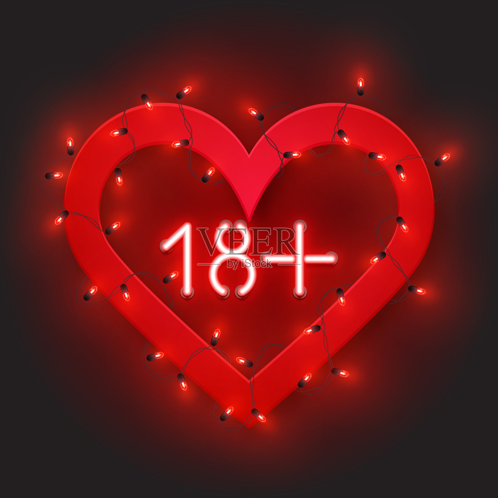 18+心形霓虹灯文字与led灯，成人商店，矢量插图插画图片素材