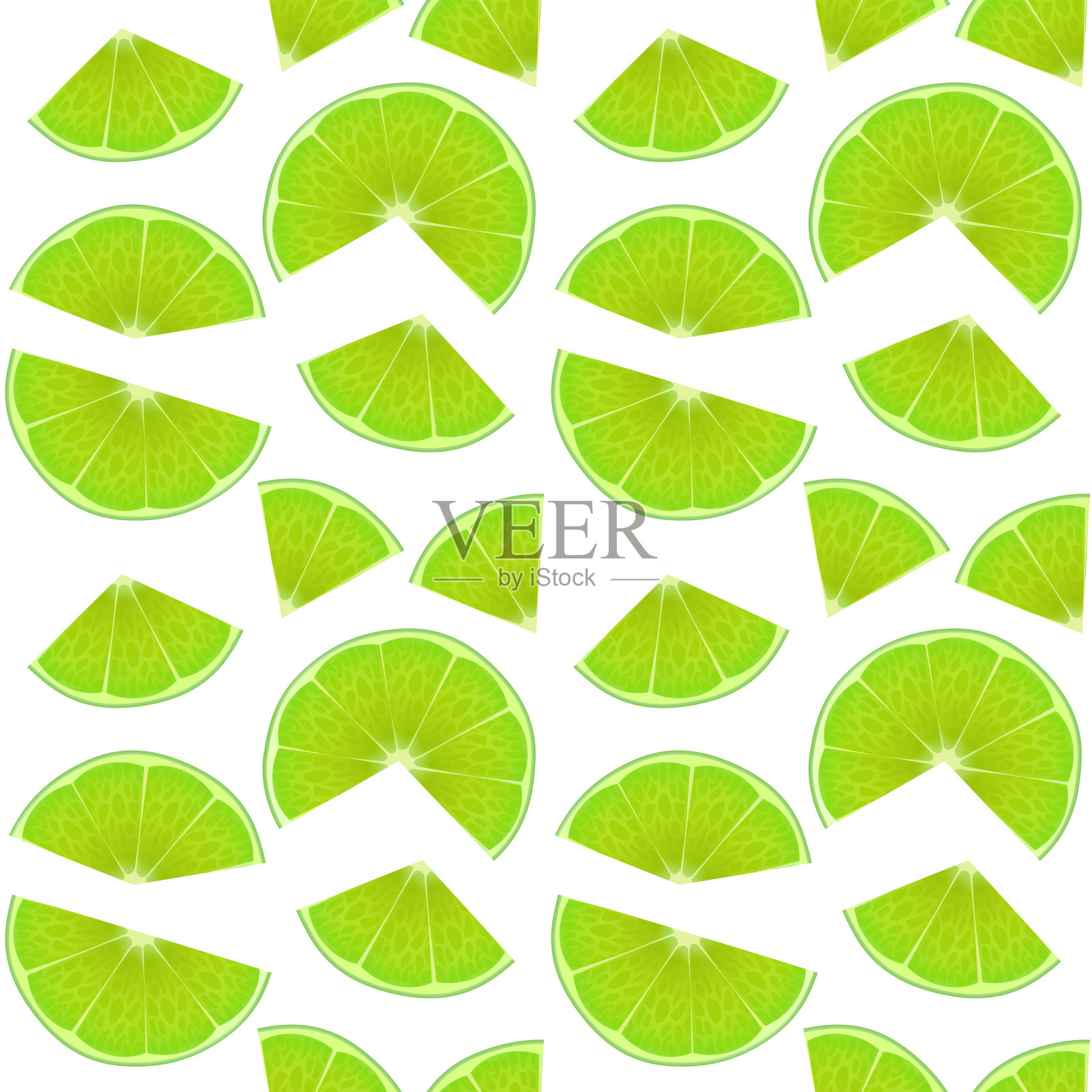 无缝无尽的模式与印刷新鲜青柠片，在卡通风格的白色背景。可用于食品行业的壁纸，海报，包装纸，矢量插图插画图片素材