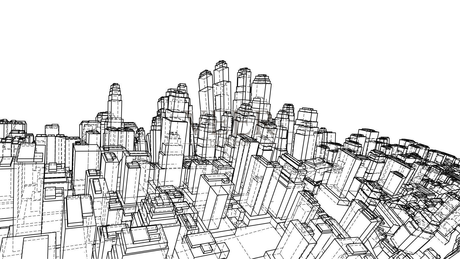 线框扭曲城市，蓝图风格。向量插画图片素材