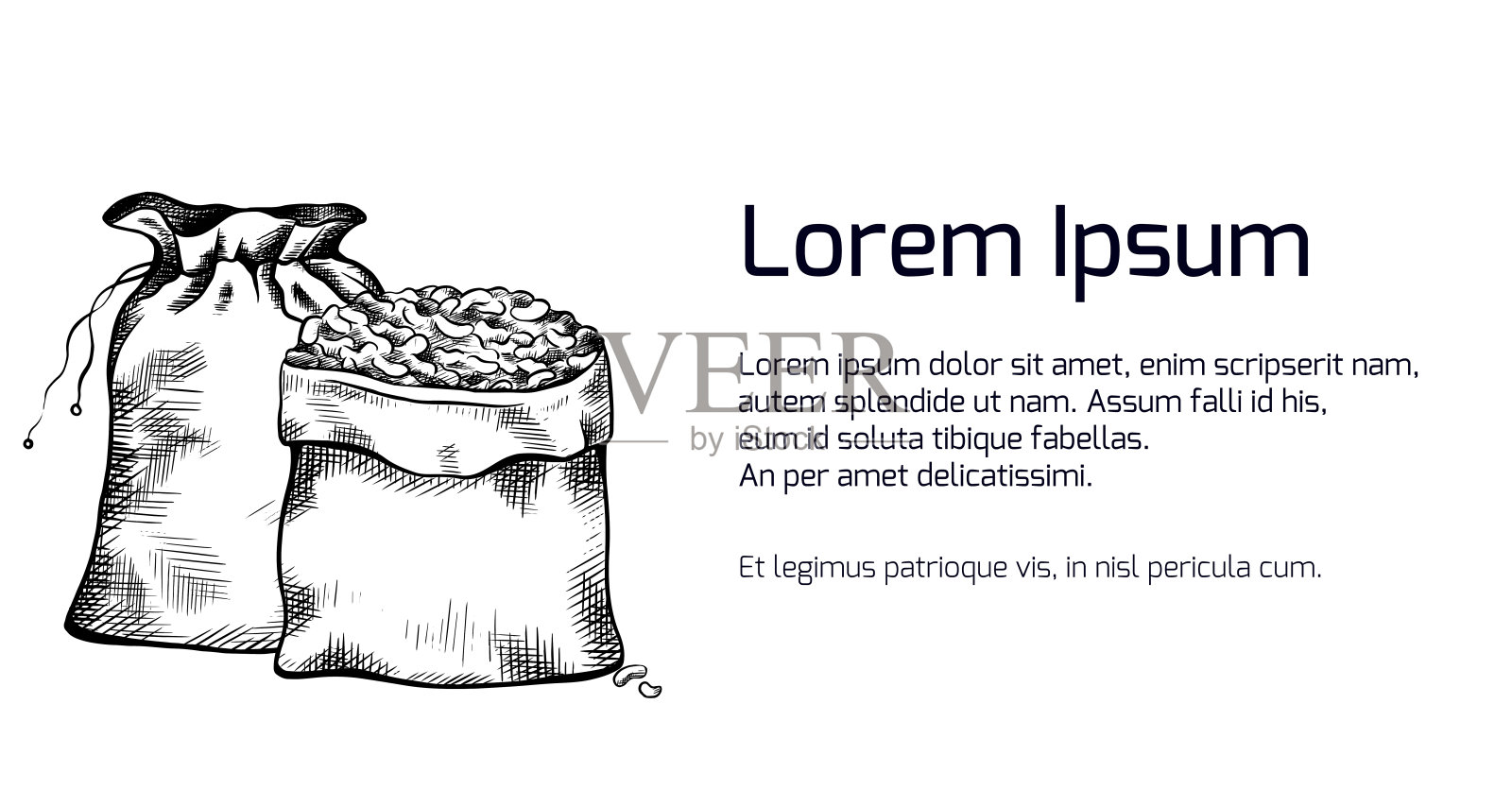 横旗与黑色和白色插图的手绘帆布袋与谷物。矢量线的艺术插画图片素材