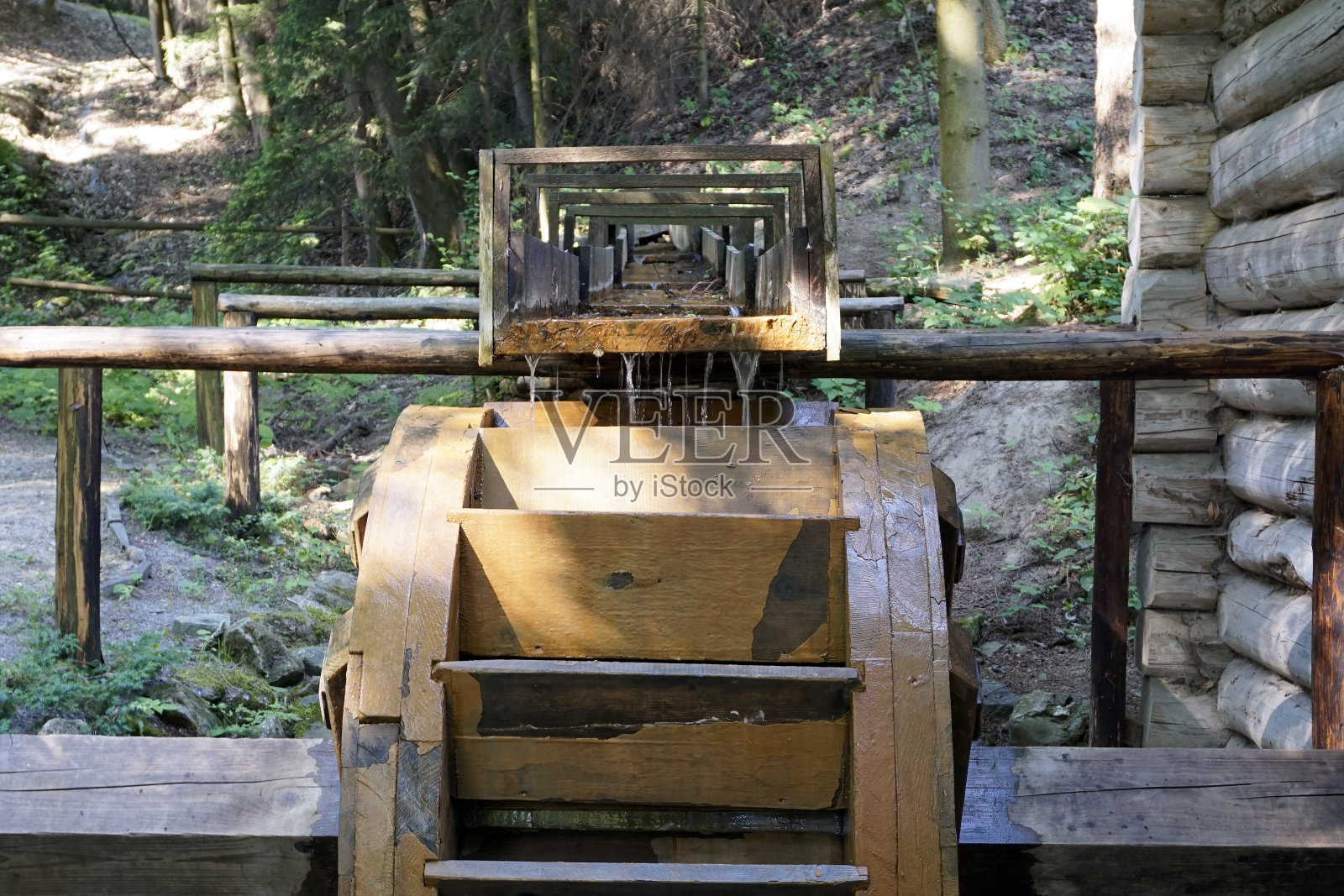 工作水车车轮与下落的水在村庄照片摄影图片