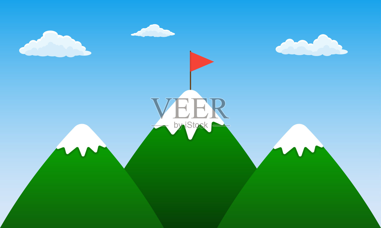 山峰上有一面旗帜。卡通山与天空和云。矢量插图。插画图片素材
