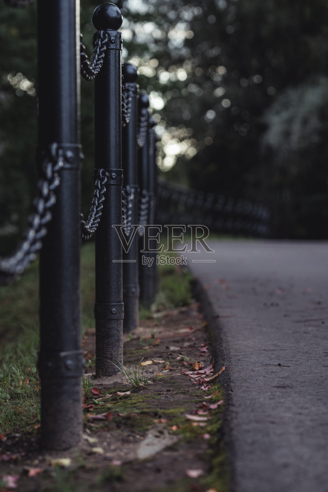 穆迪，黑暗的照片在一个公园的路，在树林之间-模糊背景的铁链围栏的特写-饱和，复古的看与文字空间，秋天的一天照片摄影图片