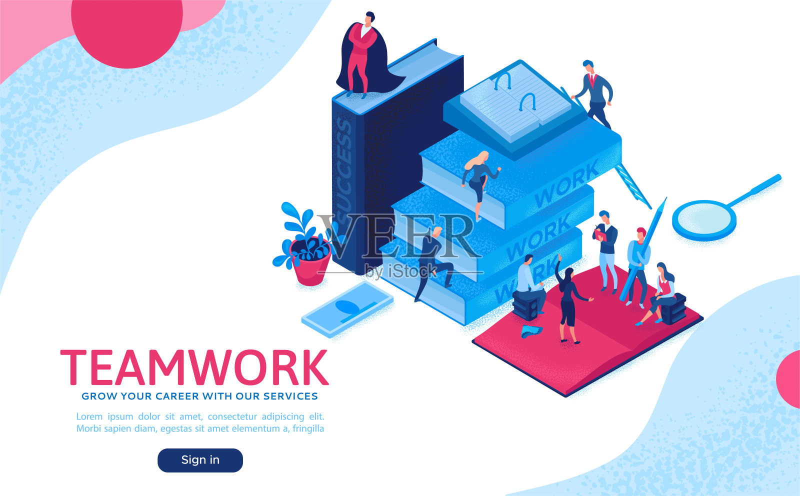 团队三维等角插图，员工获胜奖杯，信息图表英雄领导理念，商业人士在协作，成功人士获胜杯，登陆页面网站布局，ui, ux设计插画图片素材