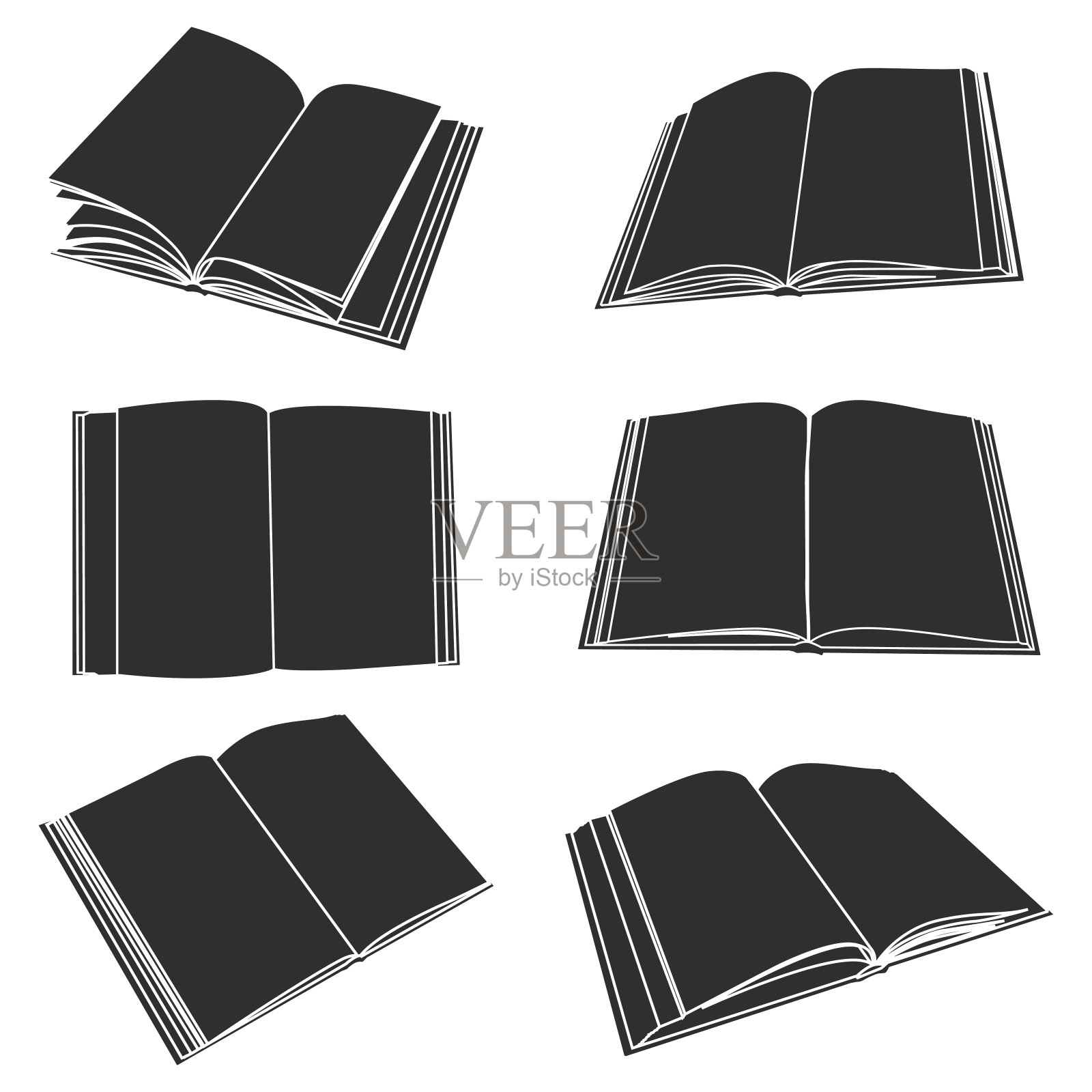 翻开书黑色剪影。矢量平面图标设置为孤立的白色背景。插画图片素材