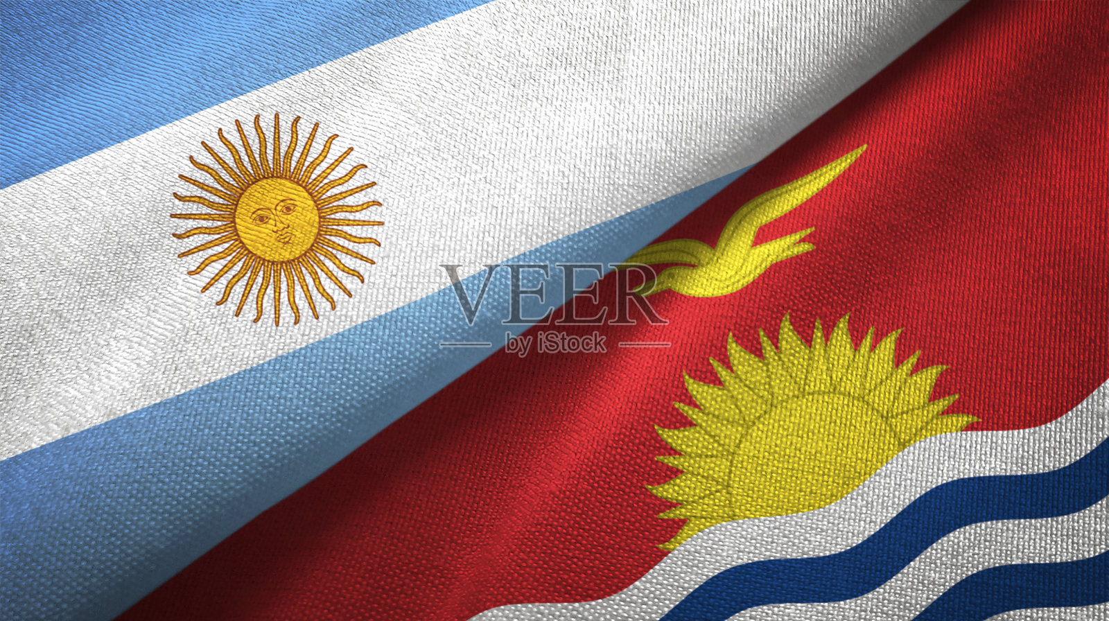 基里巴斯和阿根廷两国国旗一起织布，织物质地照片摄影图片