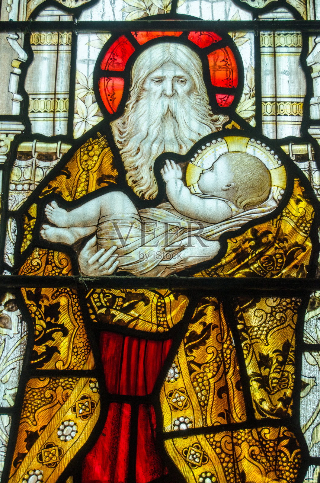 圣西门和基督儿童彩色玻璃窗照片摄影图片