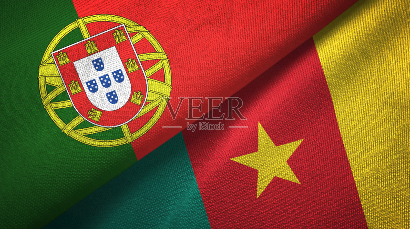 喀麦隆和葡萄牙两国国旗一起织布，织物质地照片摄影图片