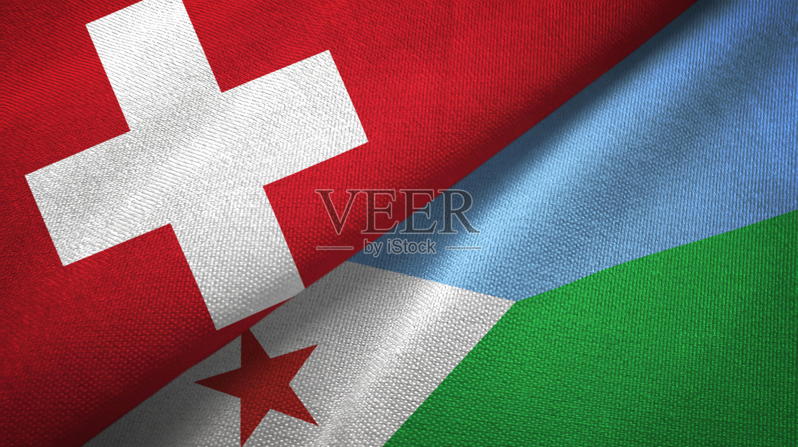 吉布提和瑞士两国国旗一起织布，织物质地照片摄影图片