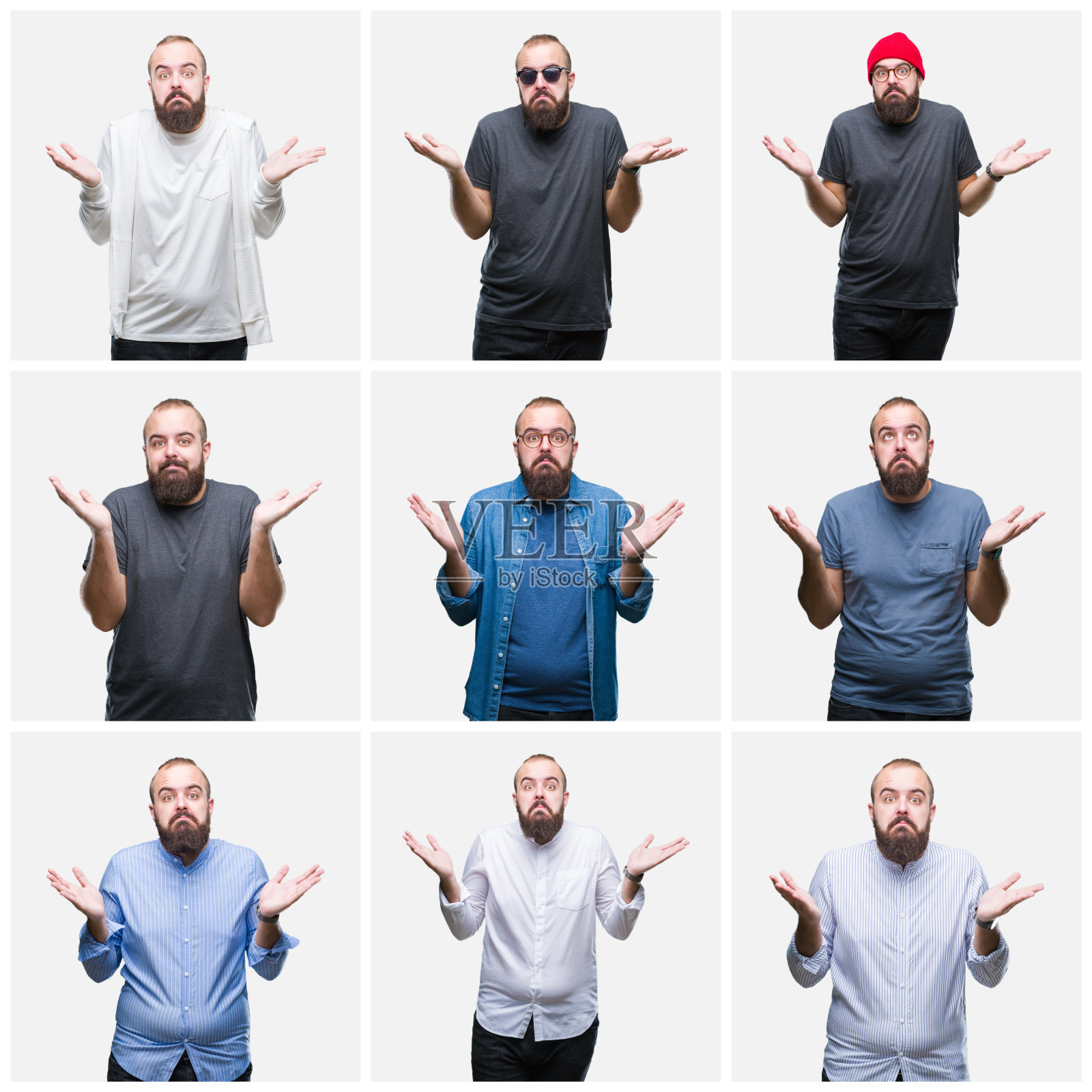 拼贴画的年轻男子孤立的背景，毫无头绪和困惑的表情与手臂和手举起。怀疑的概念。照片摄影图片