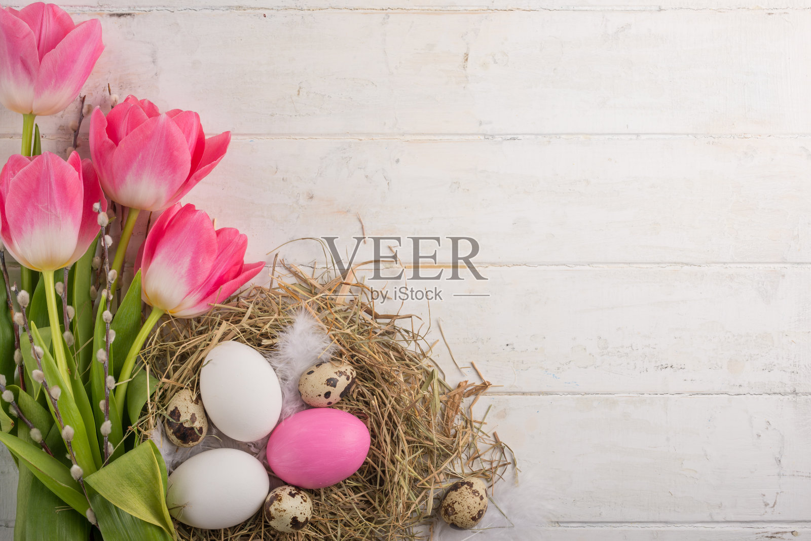 郁金香和复活节彩蛋。空的空间照片摄影图片