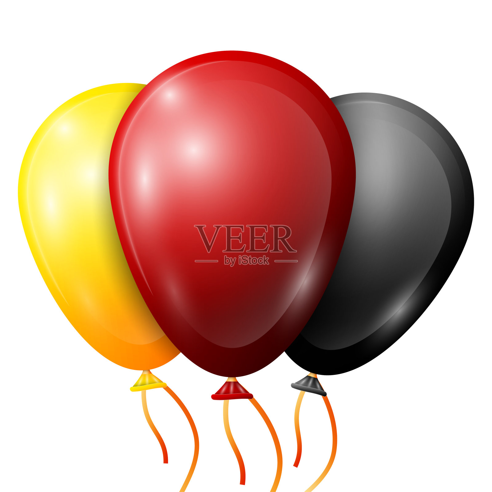 现实的黄色，红色，黑色气球与缎带孤立在白色背景。矢量插图的闪亮的彩色光泽气球插画图片素材
