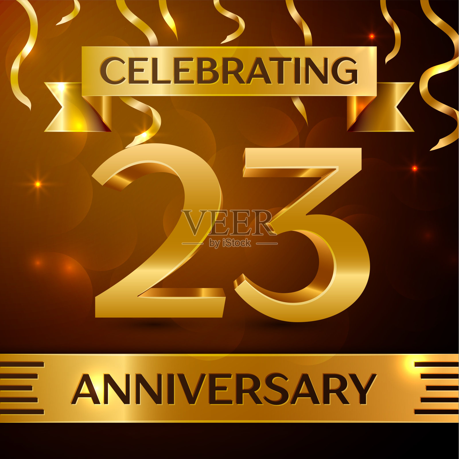 现实的二十三周年庆典设计。金色的五彩纸屑和金色的丝带在棕色的背景上。彩色矢量模板元素为您的生日派对插画图片素材