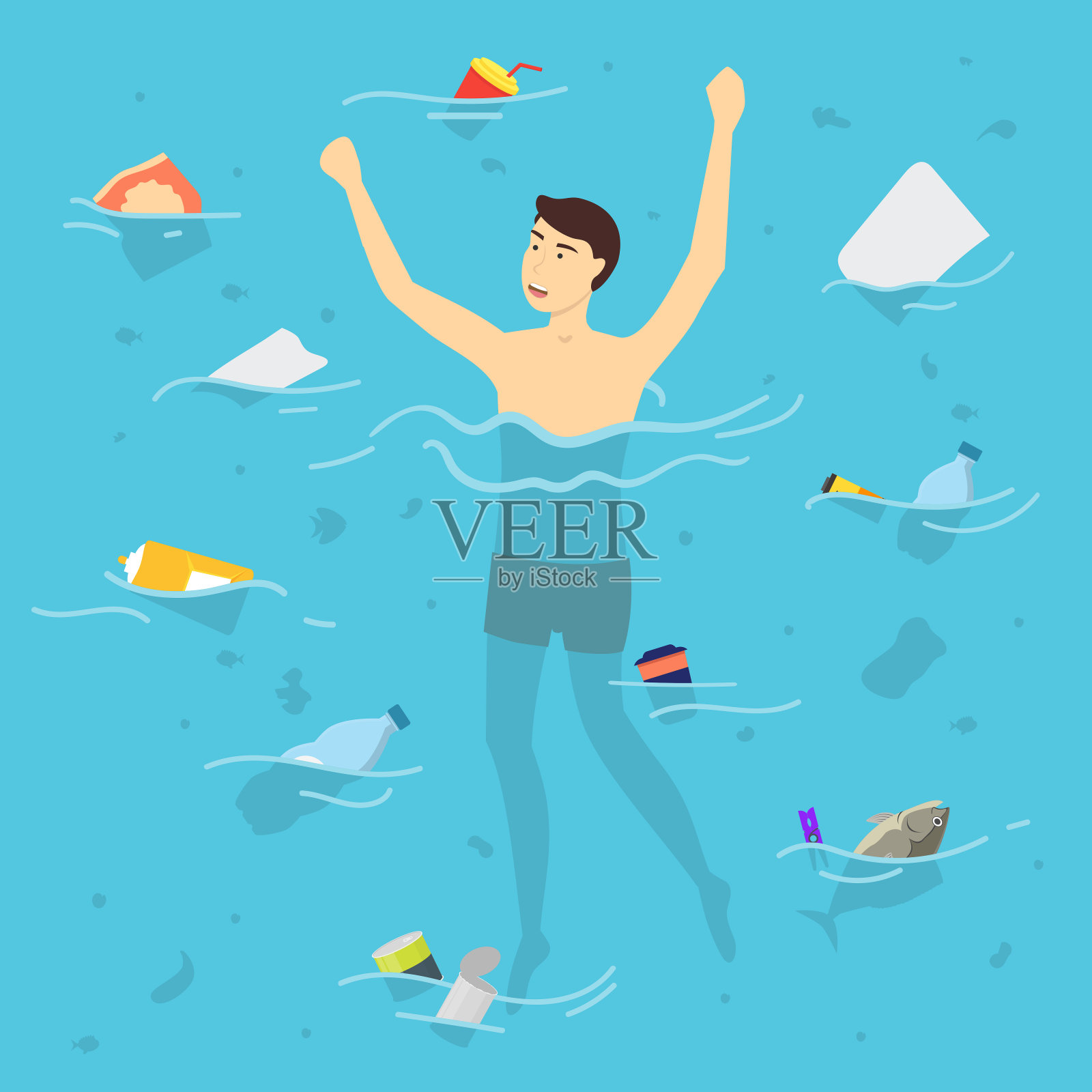 卡通塑料海洋污染概念与水中的人。向量插画图片素材