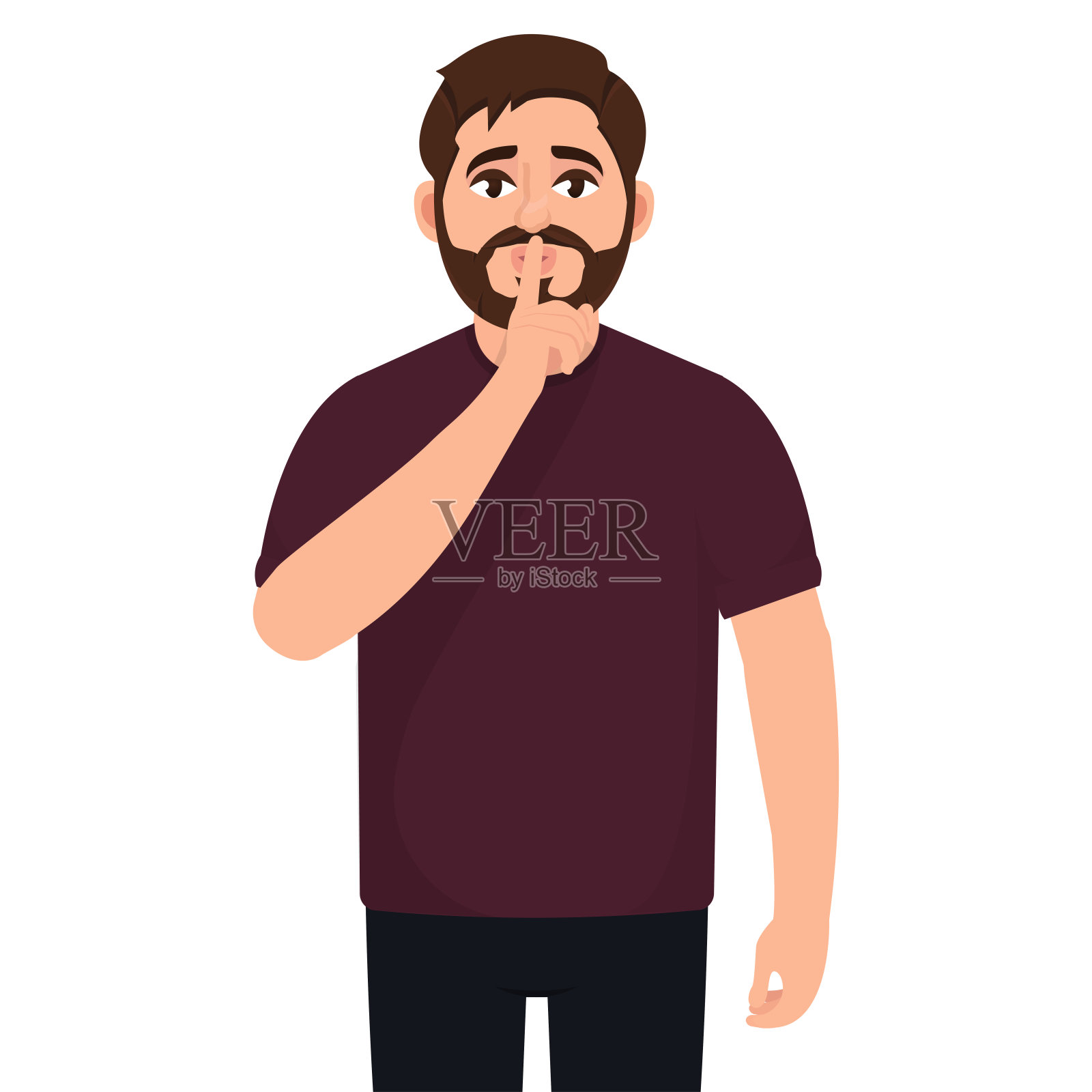 大胡子男子表现出一种安静的姿态，不发出噪音，是一种平直的风格插画图片素材