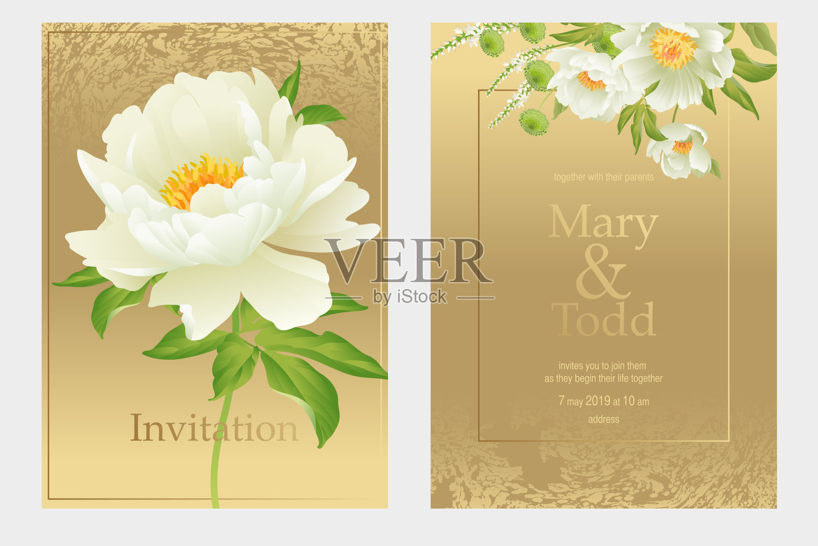 一套卡片，婚礼请柬。花的矢量插图。设计模板素材