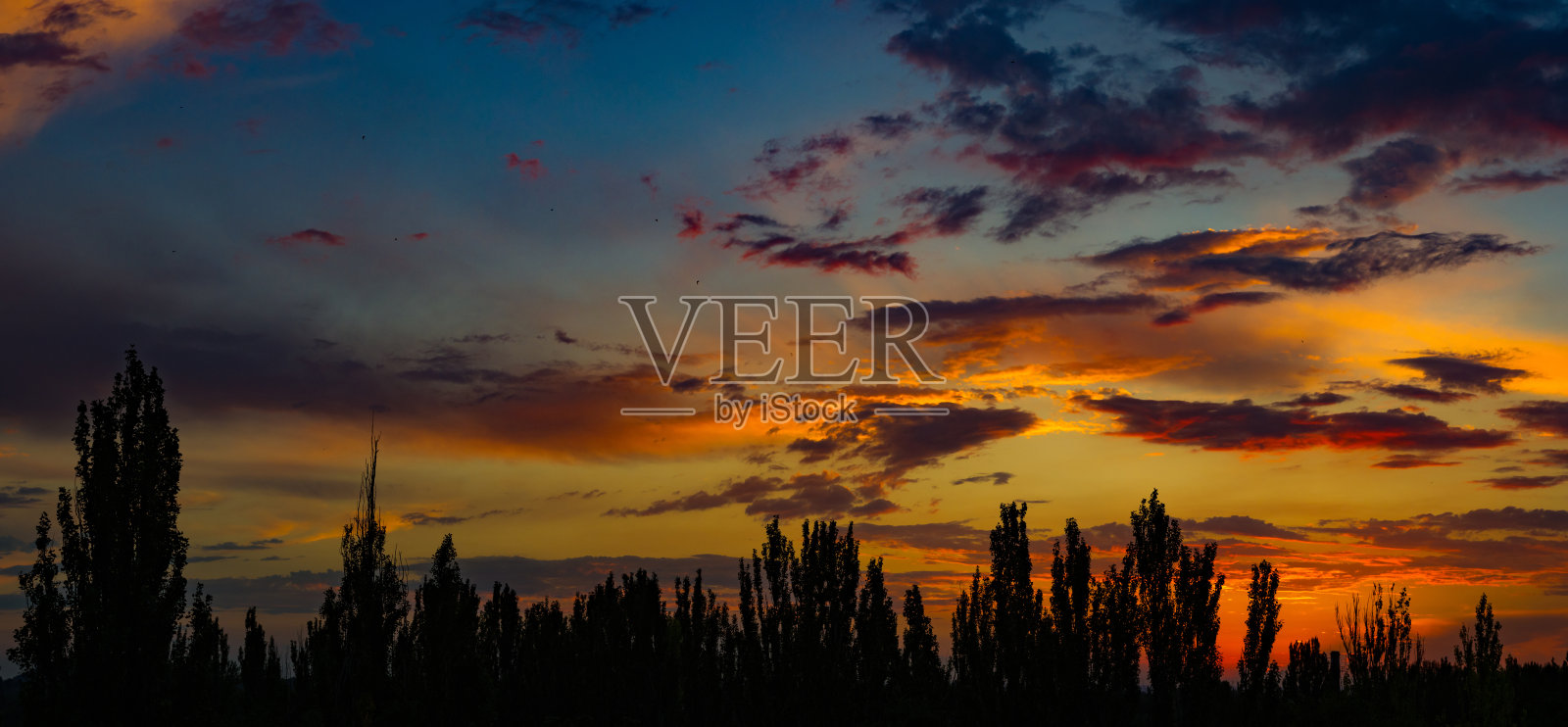 风景与戏剧性的光-美丽的金色日落与饱和的天空和云。照片摄影图片