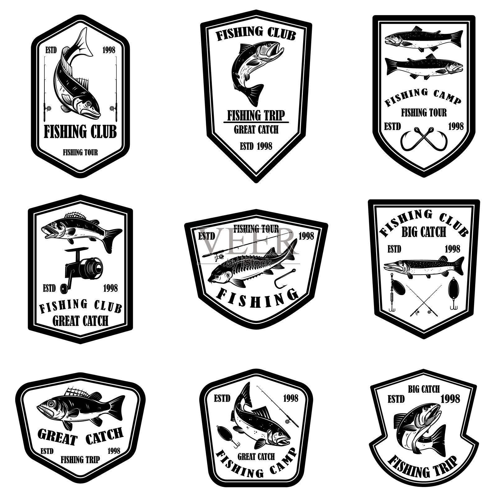 一套钓鱼俱乐部标志。商标、会徽、标识的设计元素。插画图片素材