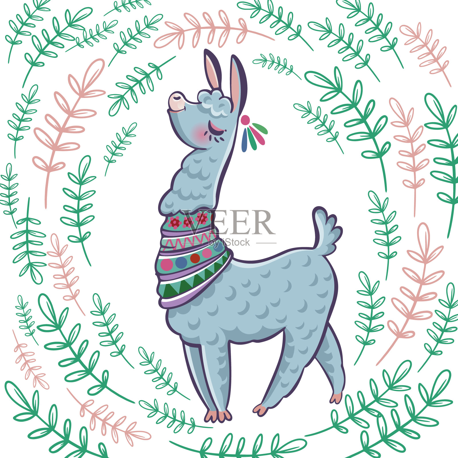 骆驼卡通羊驼。羊驼动物病媒分离插图。卡片、不干胶、织物、t恤的设计。儿童，儿童的现代时尚风格插画图片素材