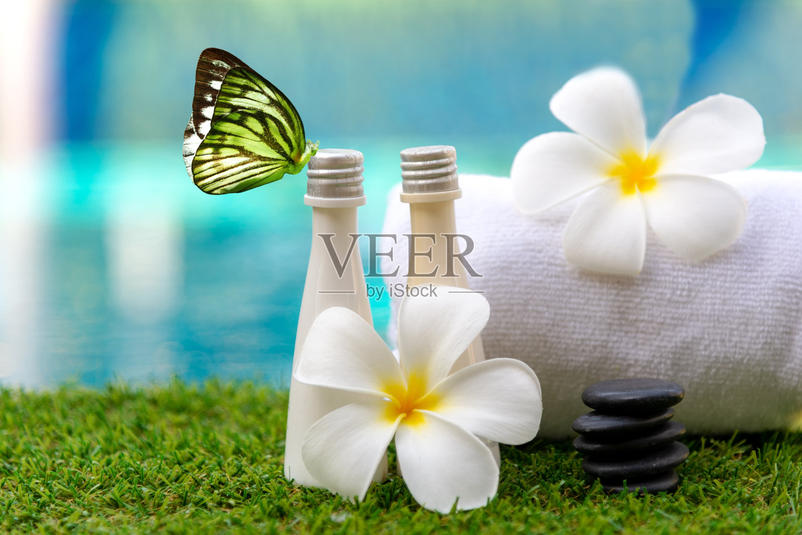 泰国Spa按摩治疗Spa，用鸡蛋花白花放松健康护理，泰国。健康的概念照片摄影图片