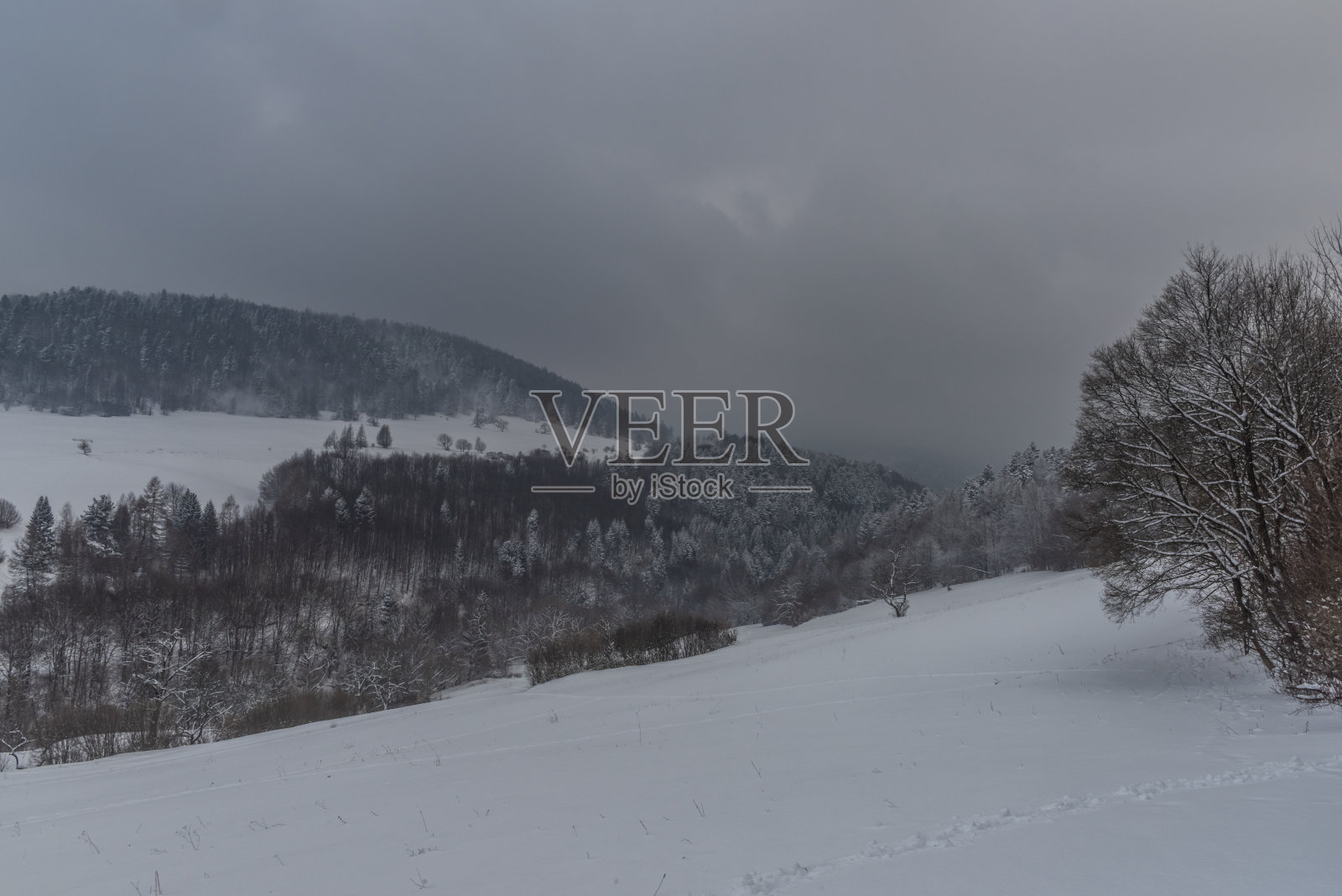 冬季山区里利帕尼镇附近的Hrencisov村照片摄影图片