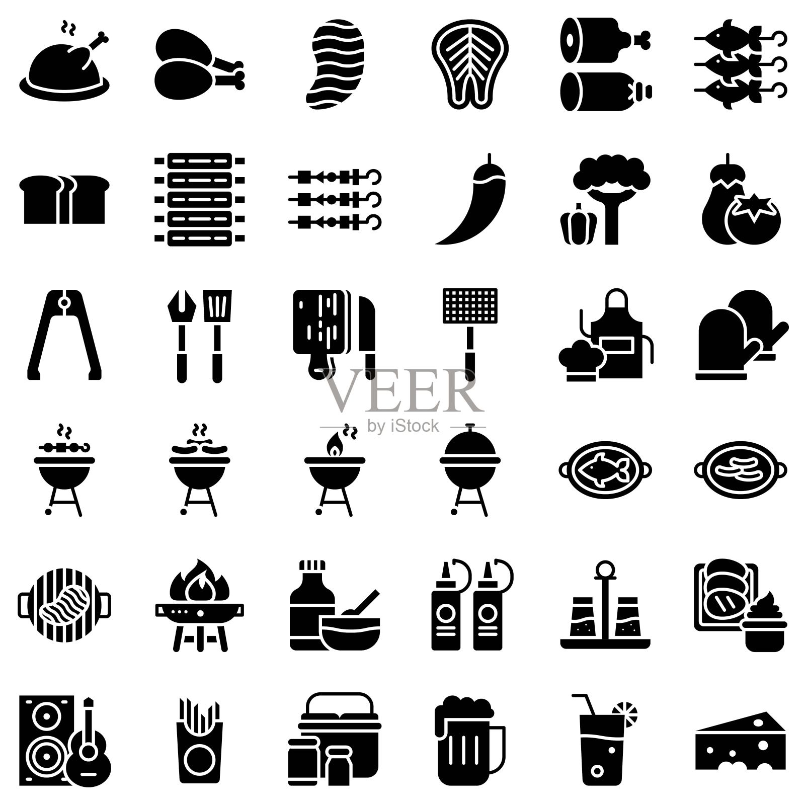 烧烤相关矢量图标设置，固体样式图标素材