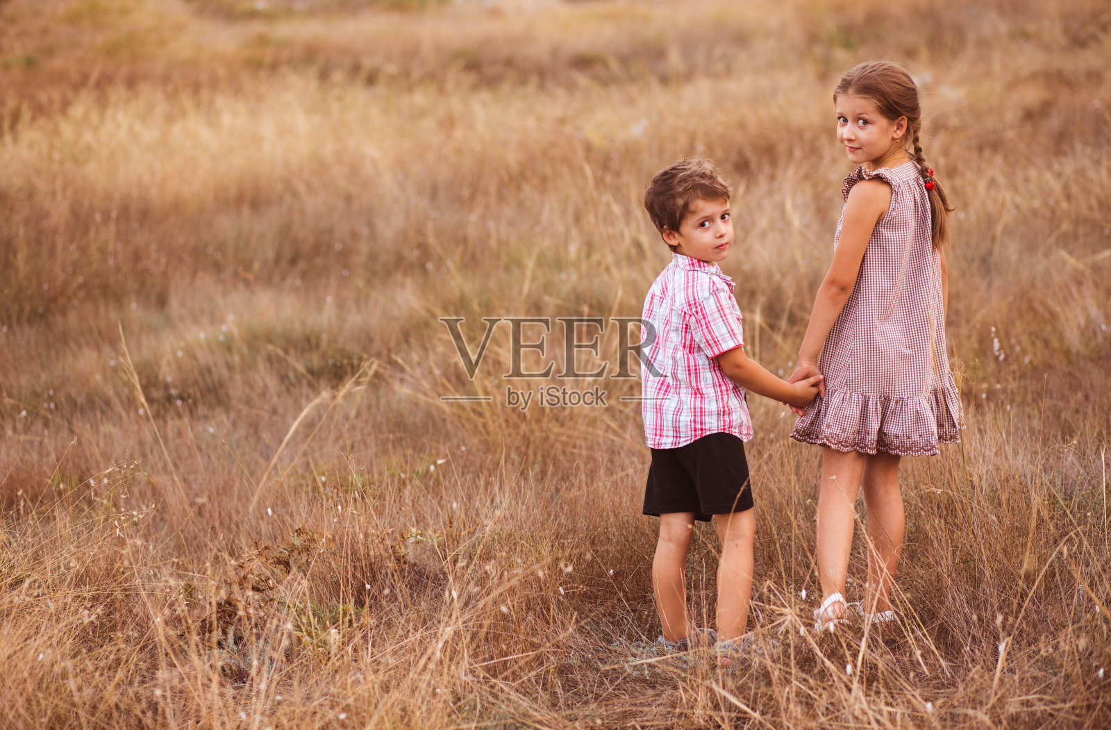 孩子们，女孩和男孩，走在麦田里回头看。哥哥和妹妹一起在乡下散步。照片摄影图片