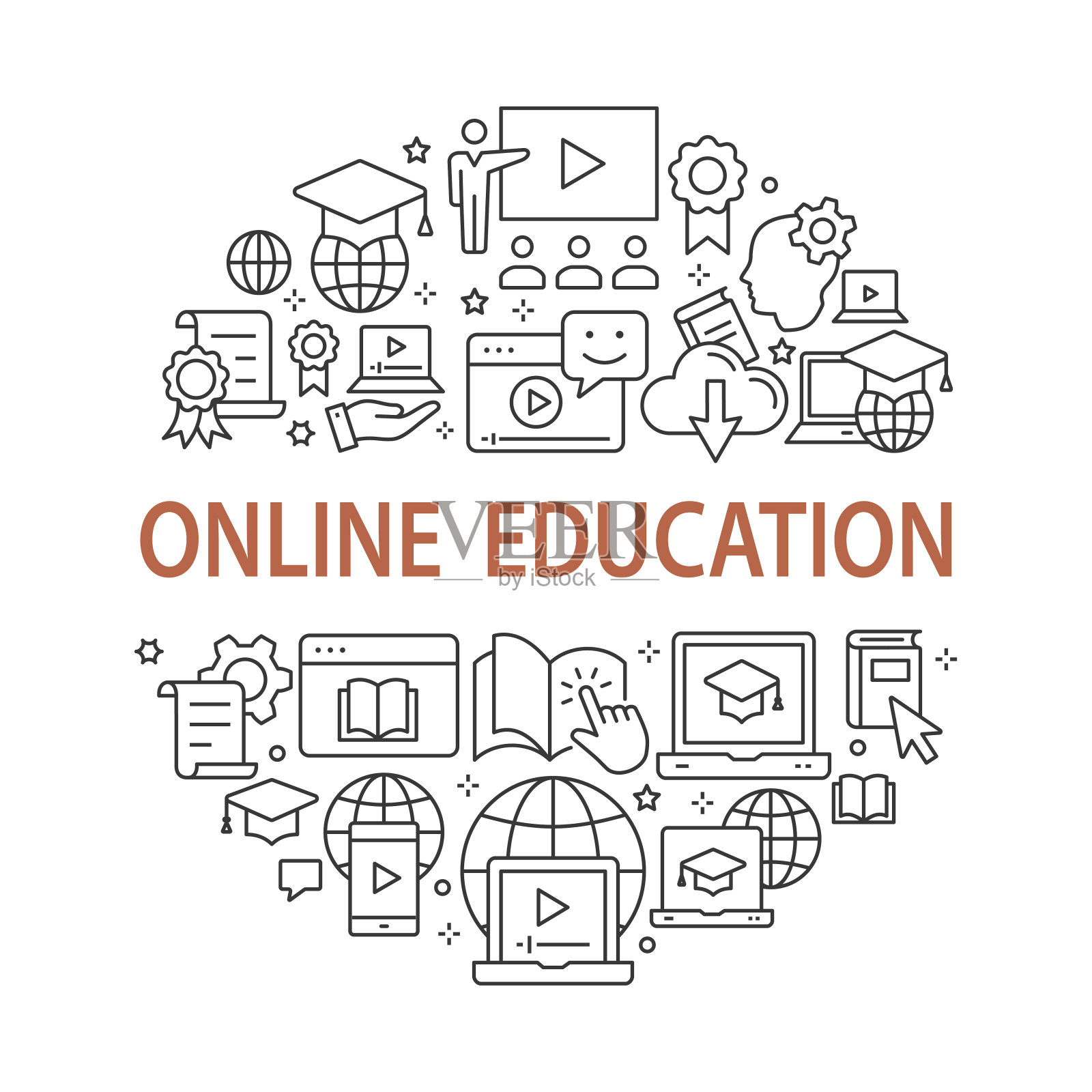 电子学习教育大纲图标设置界面，打印。插画图片素材