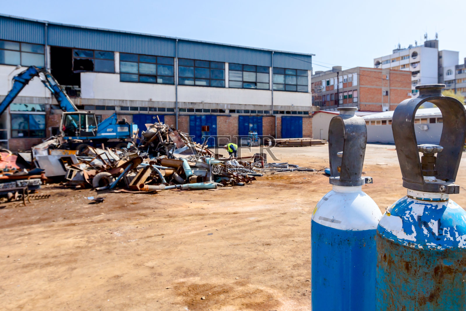 金属钢质气瓶容器、乙炔、氧气照片摄影图片