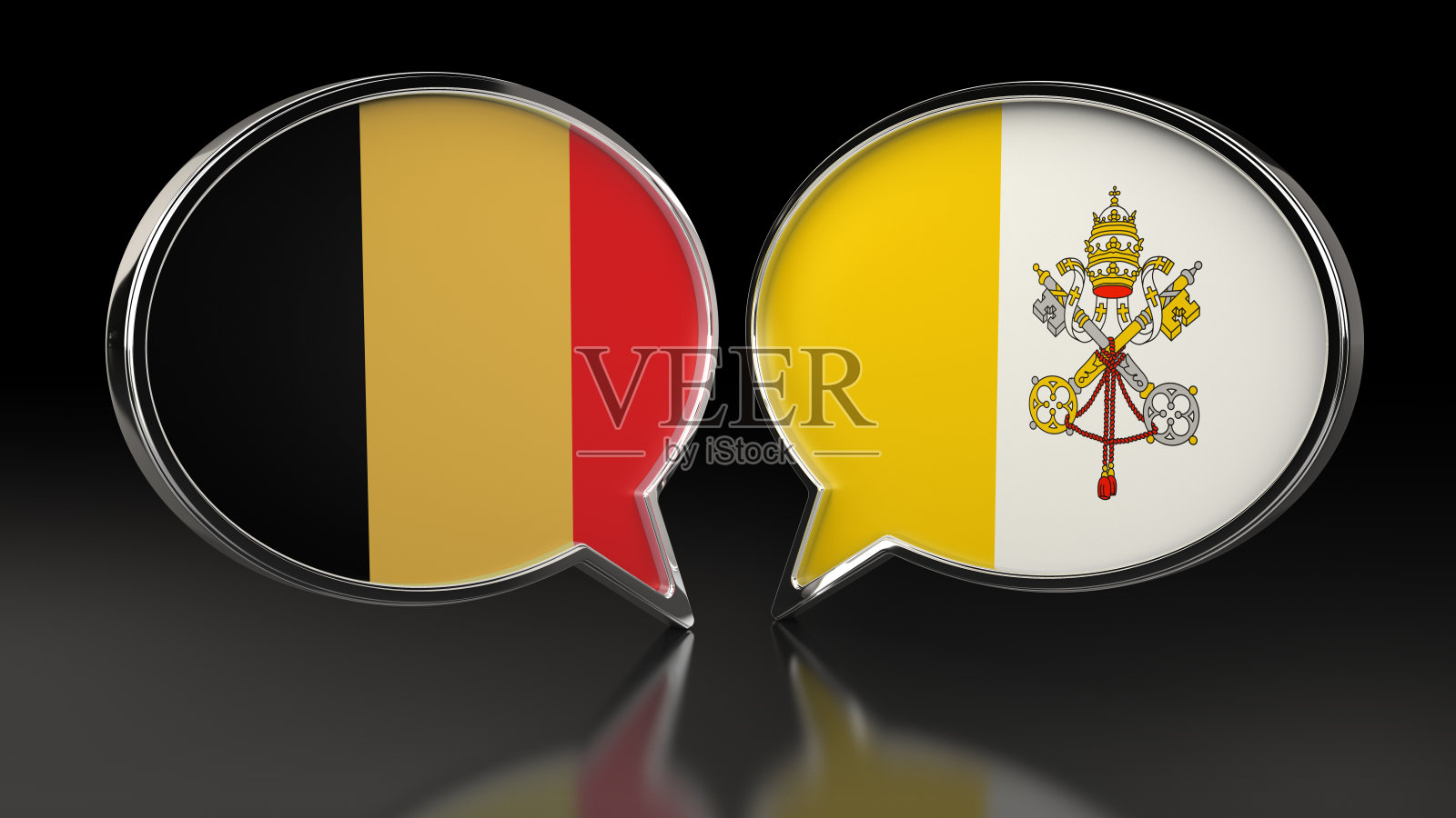 带有语音泡泡的比利时和梵蒂冈旗。3D插图照片摄影图片