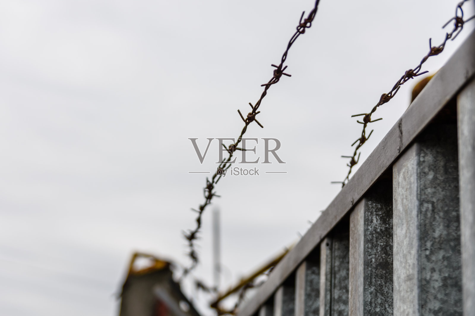 有刺的铁丝网在阴天映衬着天空照片摄影图片