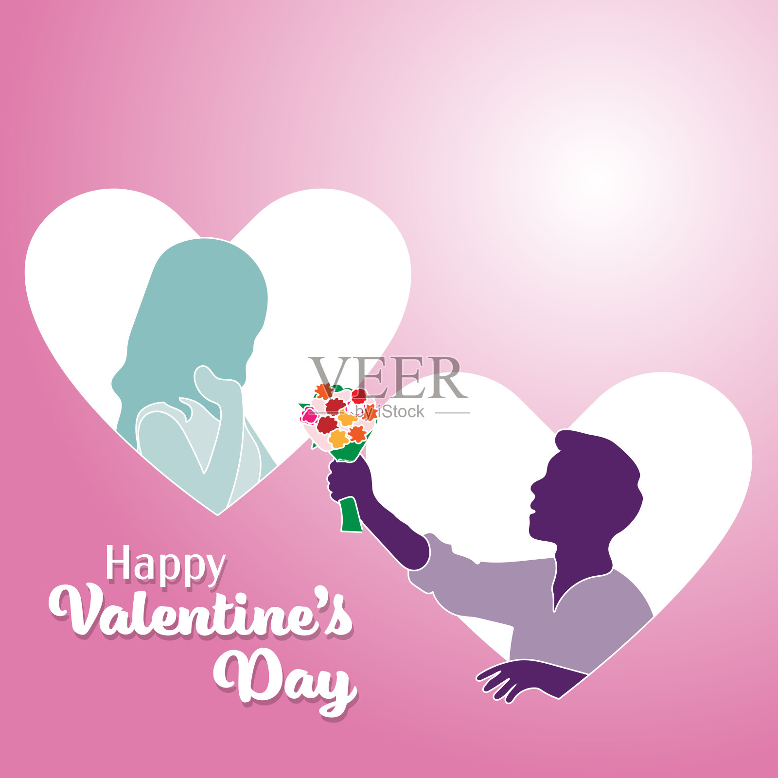 剪影情侣赠送鲜花在心的标志，矢量插图插画图片素材