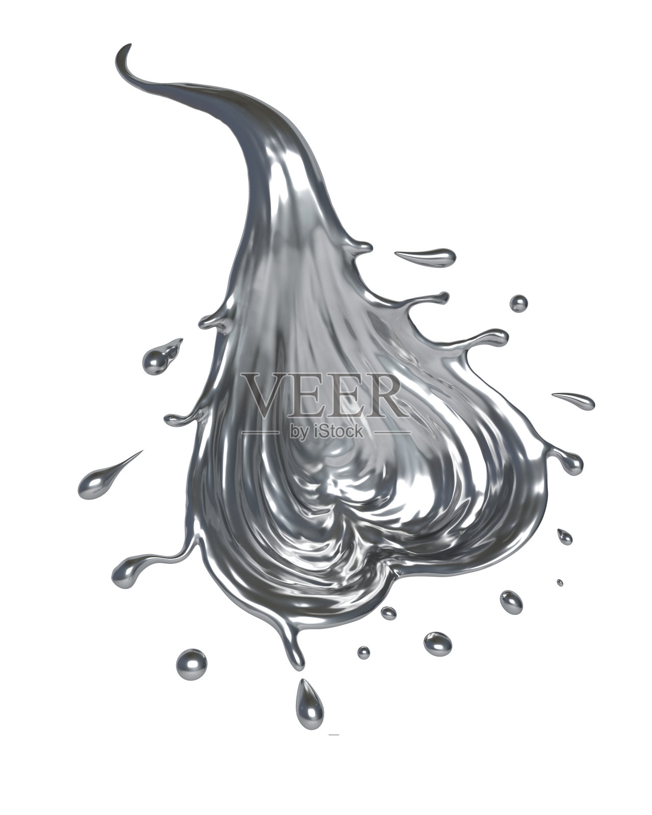 在白色背景上孤立的心状液体银铬飞溅波。照片摄影图片