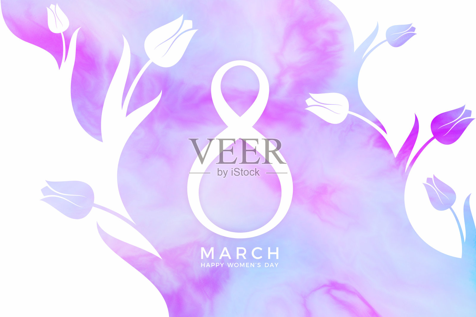 三八妇女节快乐。花邀请与白色和紫色的郁金香。水彩画插画图片素材