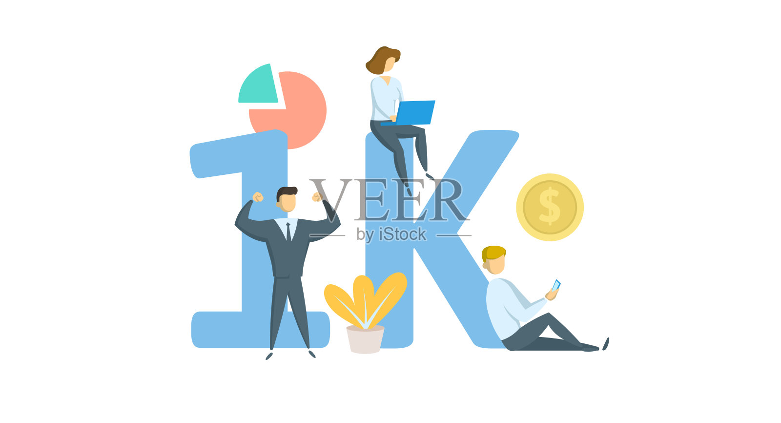 1K喜欢在线社交媒体横幅。概念与关键字，字母，和图标。平面向量插图。孤立在白色背景上。插画图片素材