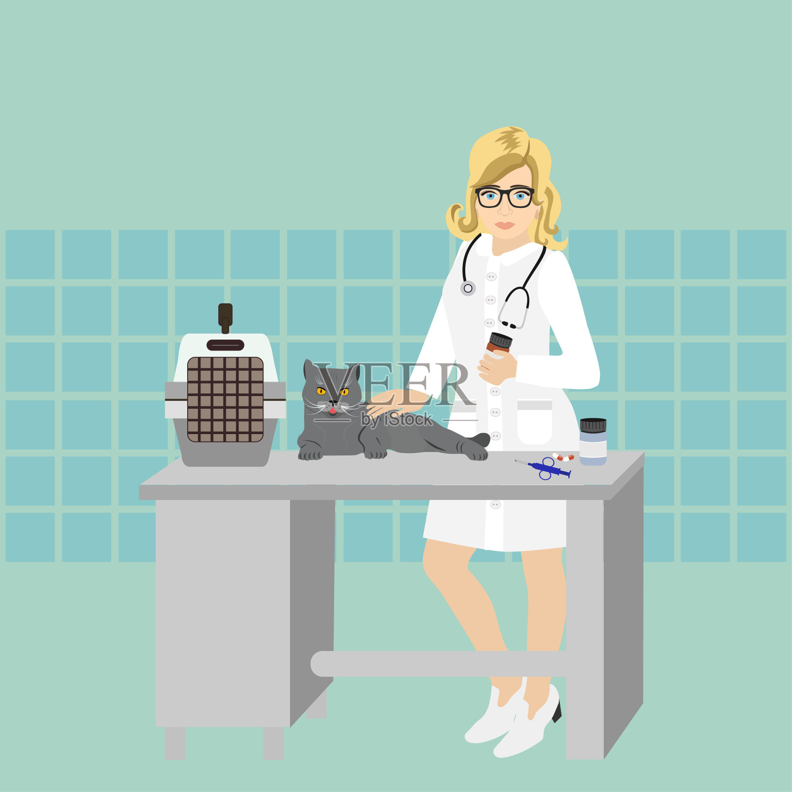 矢量插图的女兽医在诊所检查一只猫。插画图片素材