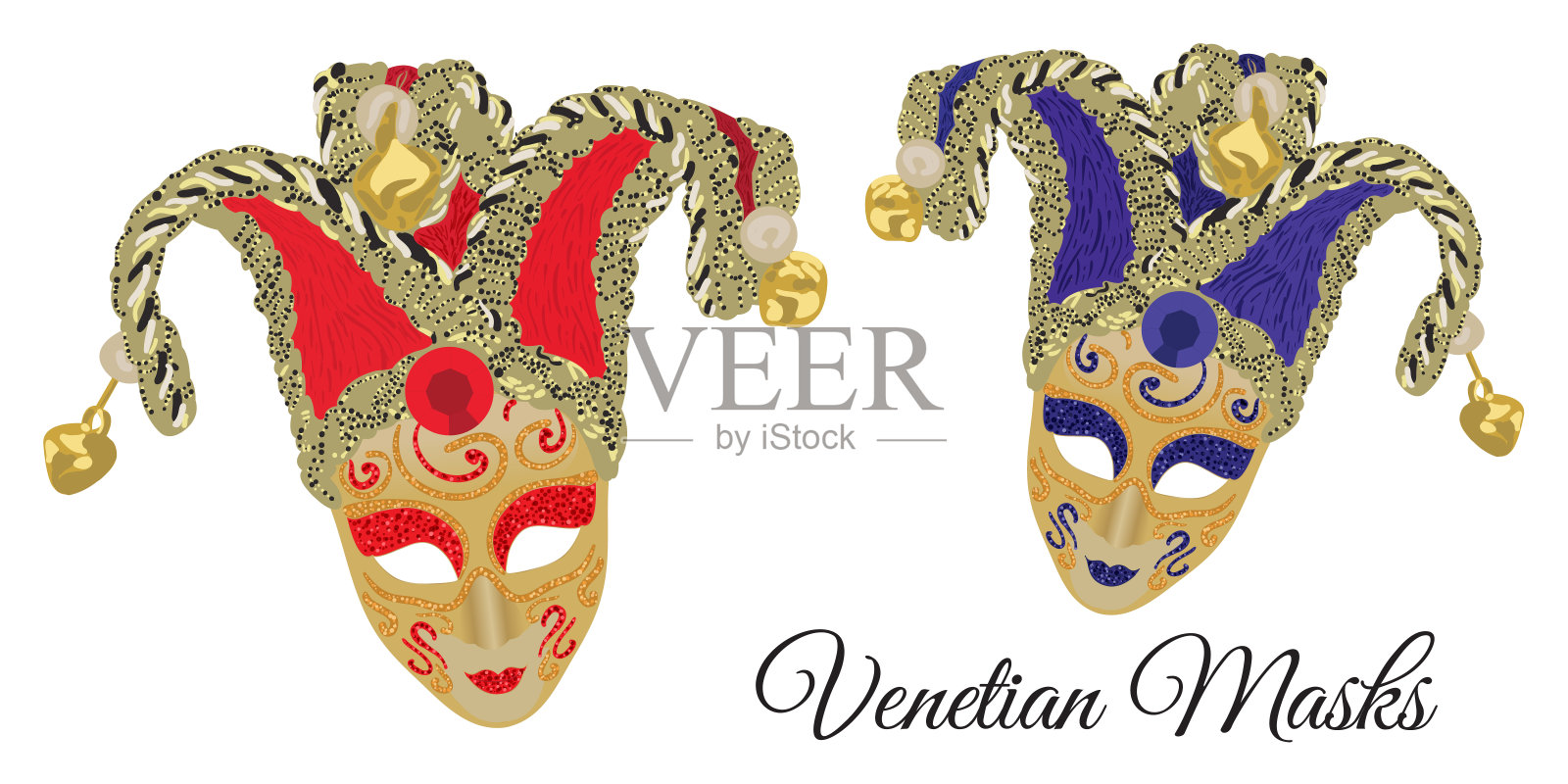 矢量设计的威尼斯面具在红色和紫色的颜色插画图片素材
