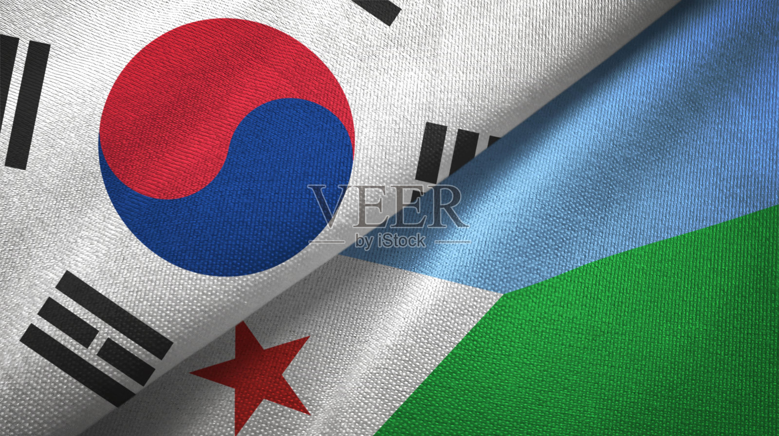 吉布提和韩国两国国旗一起织布，织物质地照片摄影图片