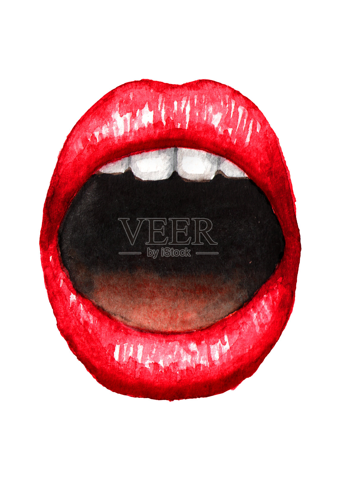性感开放的嘴唇与红色的口红和白色的牙齿。水彩手绘插图，孤立的白色背景设计元素图片