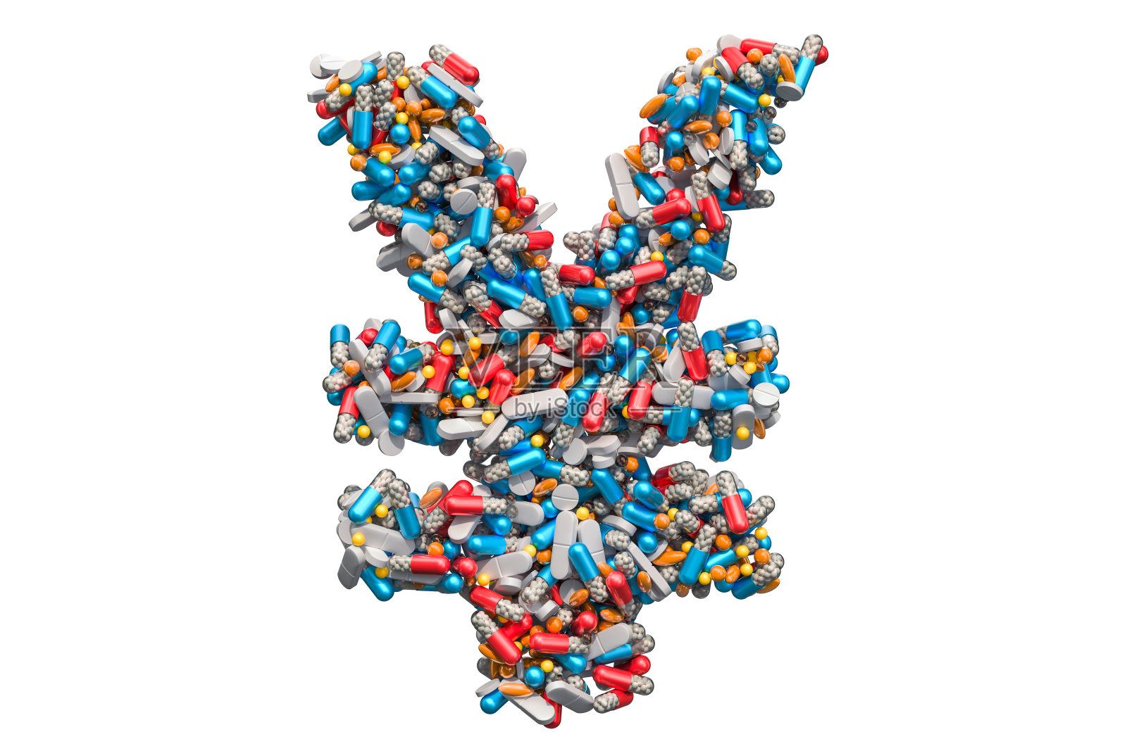 日圆或元的象征来自药片、胶囊、片剂。3D渲染孤立的白色背景照片摄影图片
