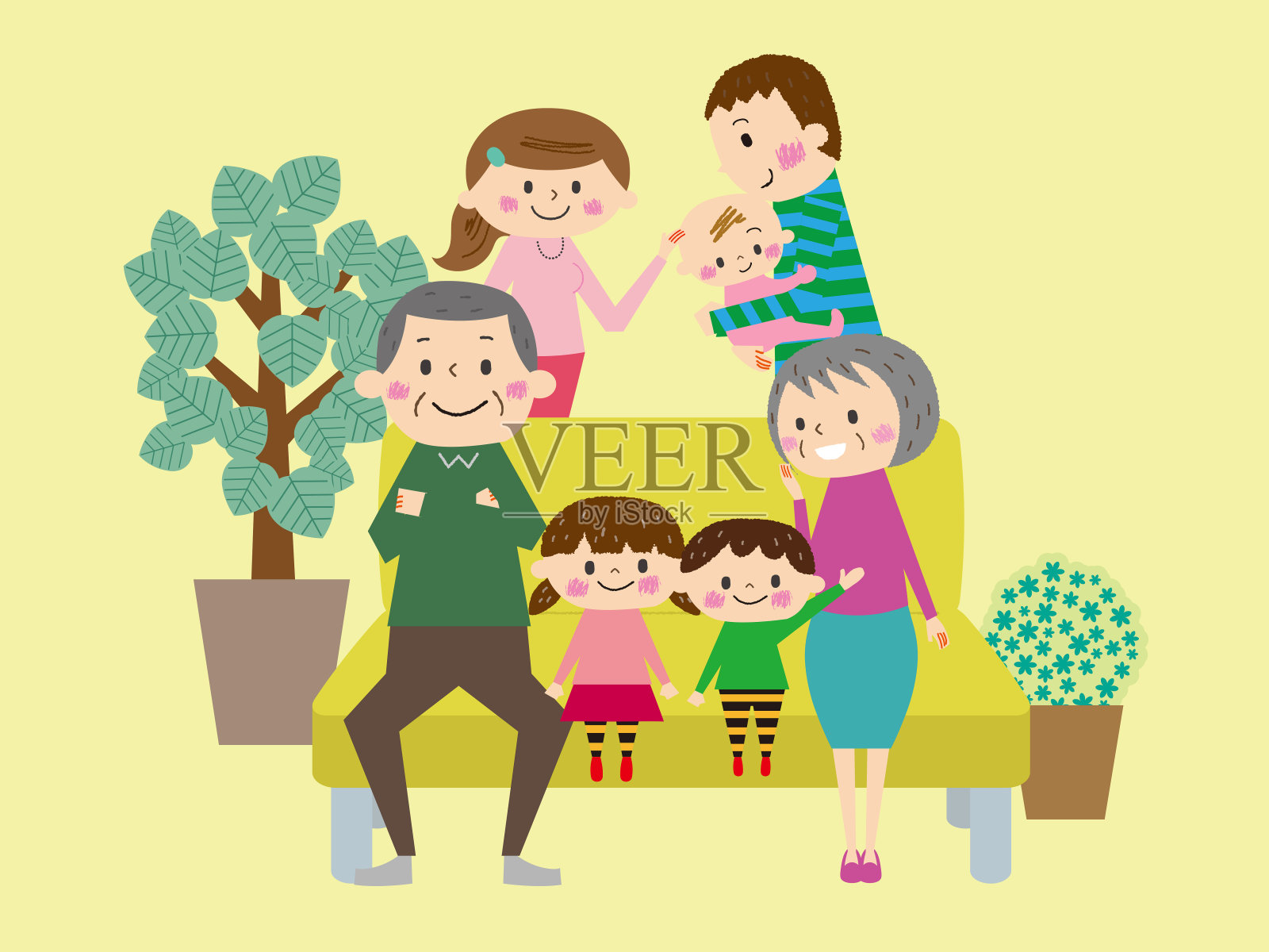 在沙发上放松，朋友三代同堂插画图片素材