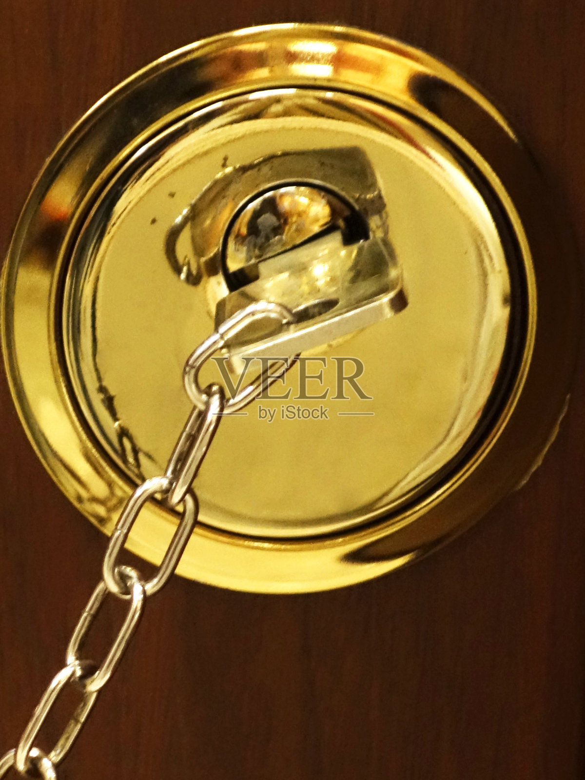 钥匙的房子在棕色的门锁形式的金钥匙链照片摄影图片