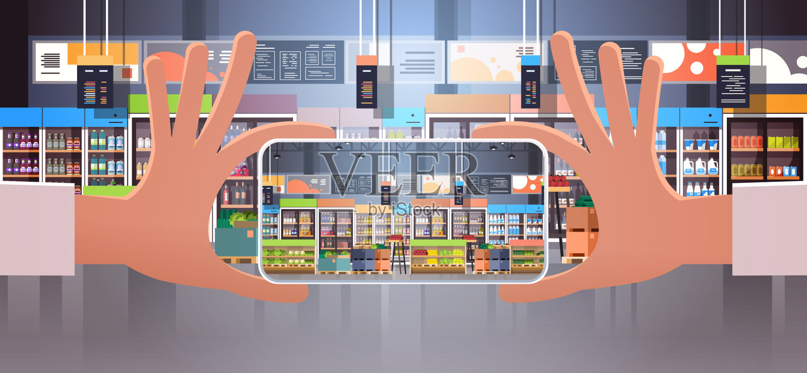 人手握着智能手机拍摄现代超市内部的照片，手机屏幕上的食品分类显示水平插画图片素材