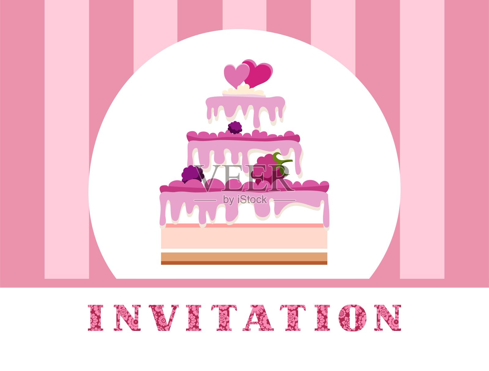 请柬，覆盆子蛋糕，紫丁香，条纹，矢量。设计模板素材