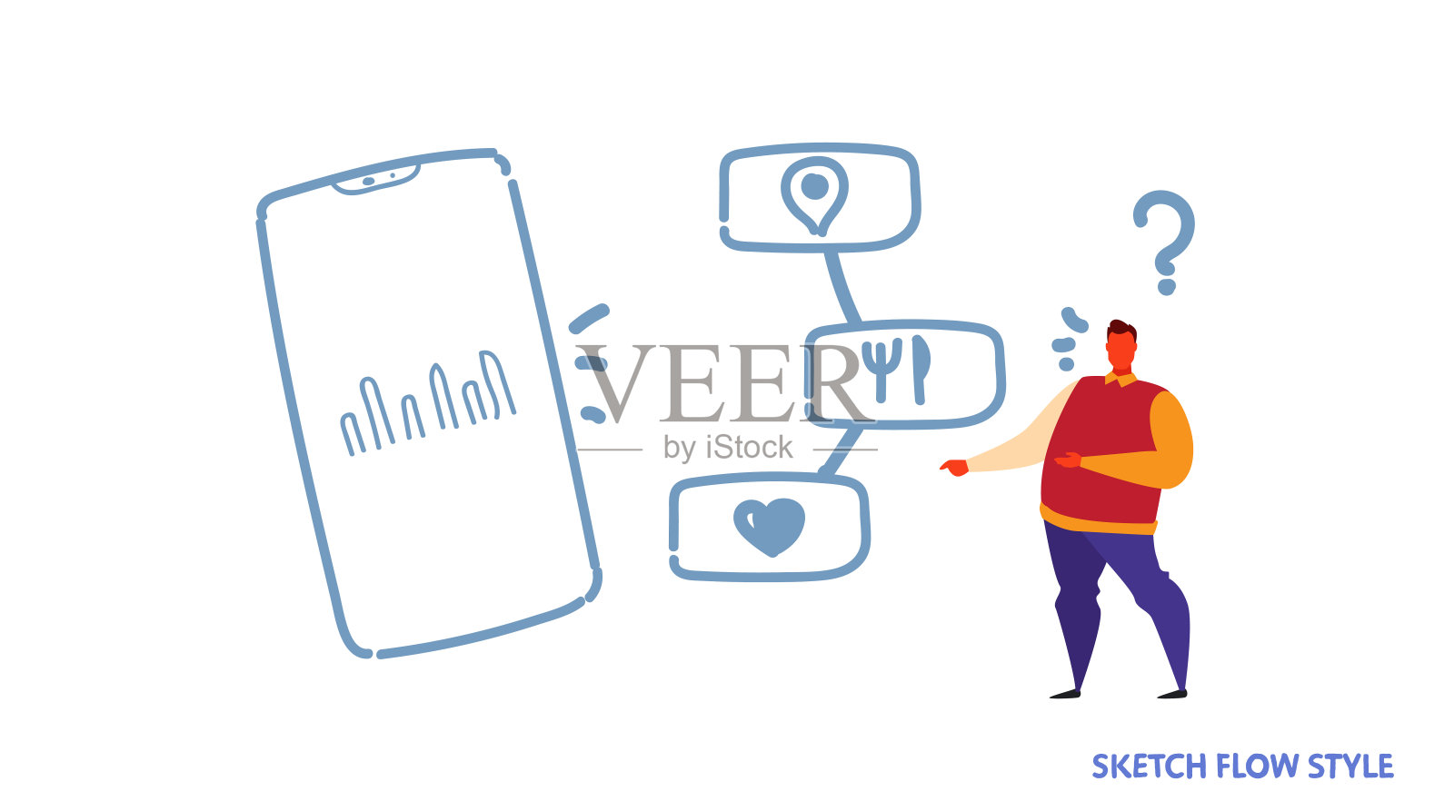 人用个人智能语音助手系统移动应用在智能手机语音识别概念草图横流风格插画图片素材