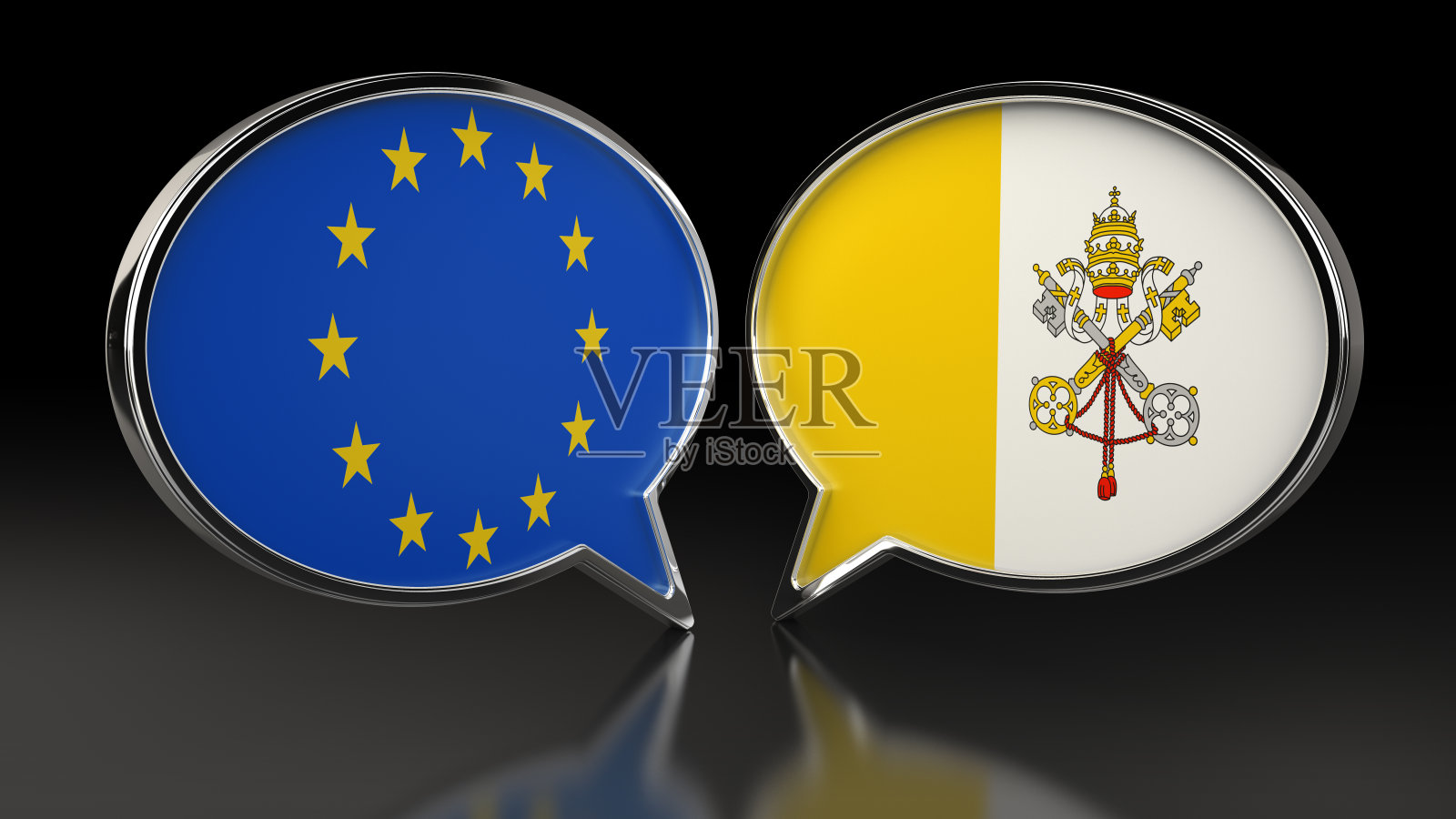 欧盟和梵蒂冈城的旗帜与语音泡泡。3D插图照片摄影图片