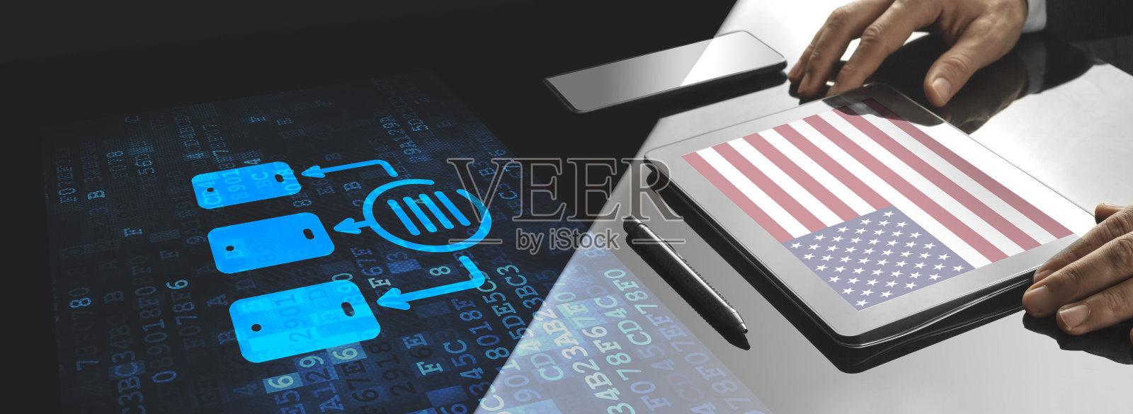 用屏幕技术在办公室工作的商人照片摄影图片