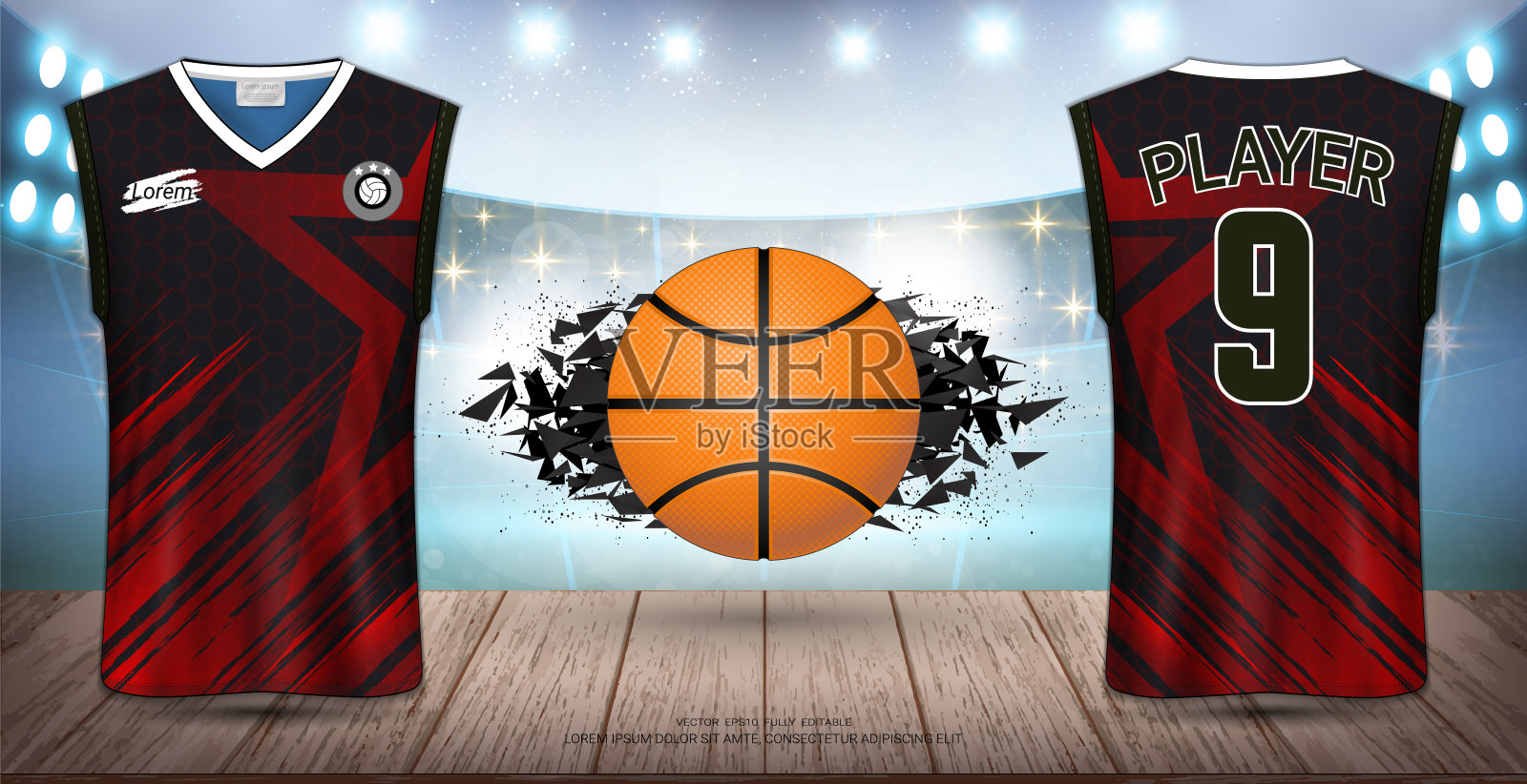 篮球制服和运动衫，背心和无袖衬衫运动模型模板，现实的平面设计前和后视图的展示，矢量EPS10完全可编辑和颜色变化。插画图片素材